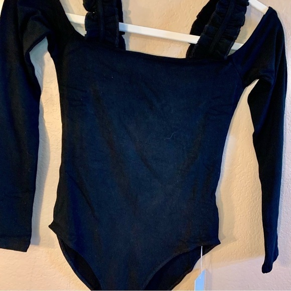 NWT Bodysuit XS MangoPop Black Long Sleeves Ruffled Straps Soft Stretchy - Picture 4 of 13